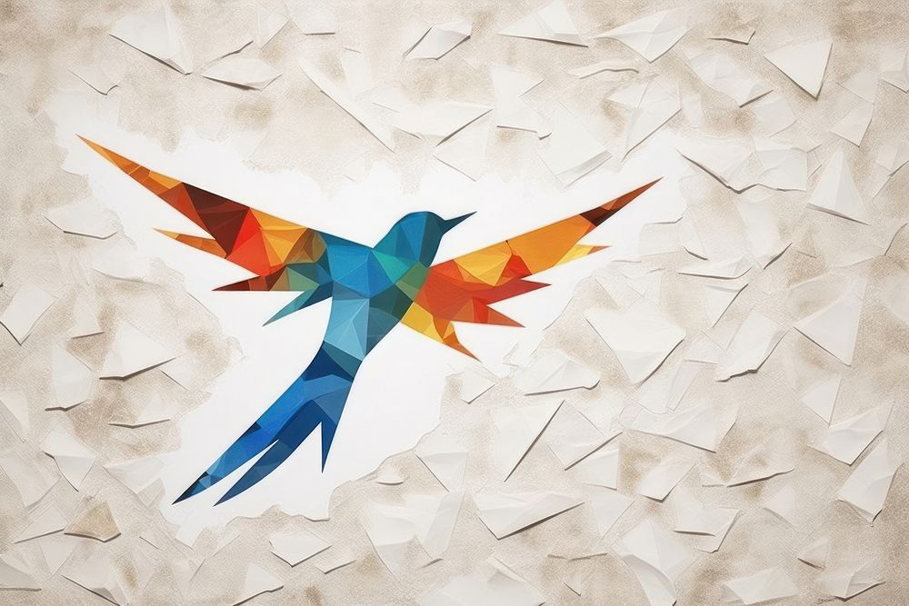 Abstract iridescent bird ripped paper marble effect art origami hummingbird.
