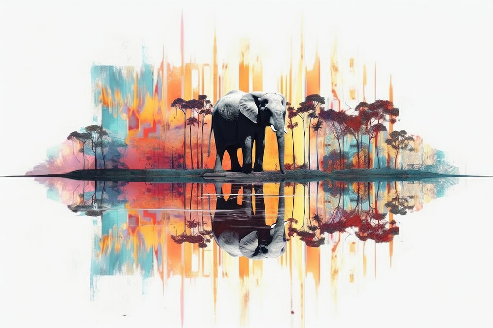 Abstract iridescent elephant ripped paper parallel glitch effect art wildlife painting.