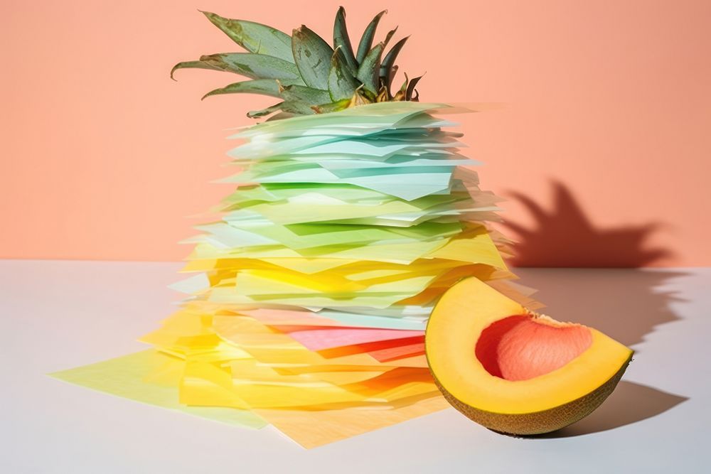 Abstract iridescent fruit ripped paper parallel glitch effect pineapple plant food.