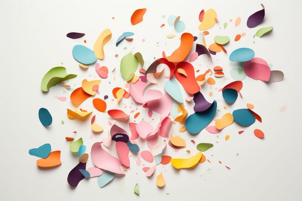 Abstract iridescent fruit ripped paper marble effect art confetti celebration.