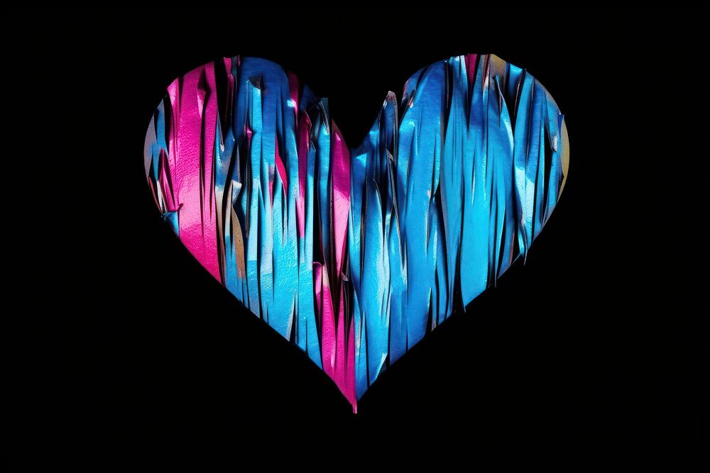 Abstract iridescent heart ripped paper parallel effect illuminated creativity darkness.
