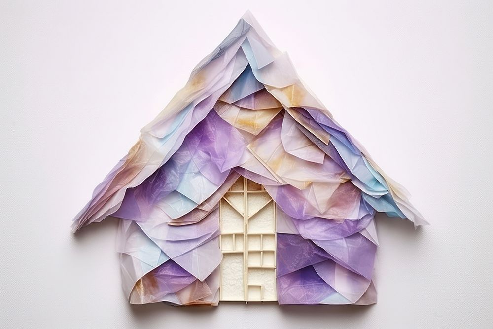 Abstract iridescent house ripped paper marble effect art origami architecture.