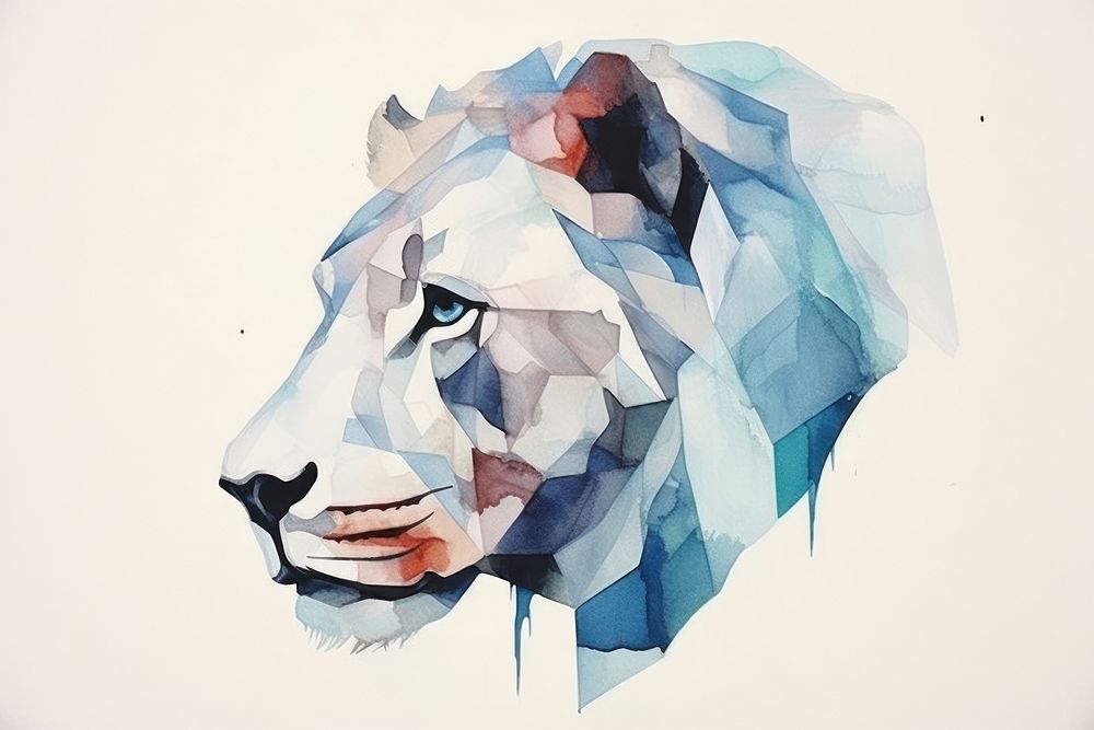 Abstract iridescent lion ripped paper marble effect art painting drawing.