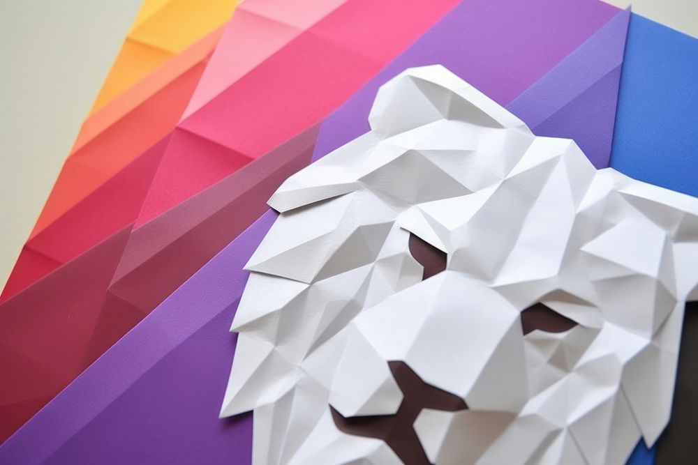 Abstract iridescent lion ripped paper marble effect art origami representation.