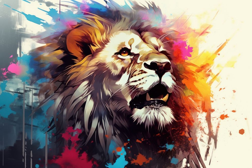 Abstract iridescent lion ripped paper parallel glitch effect art painting mammal.