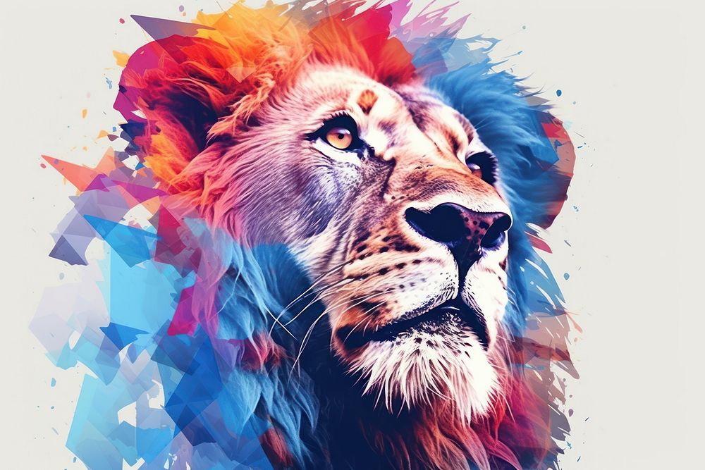 Abstract iridescent lion ripped paper parallel glitch effect art mammal animal.