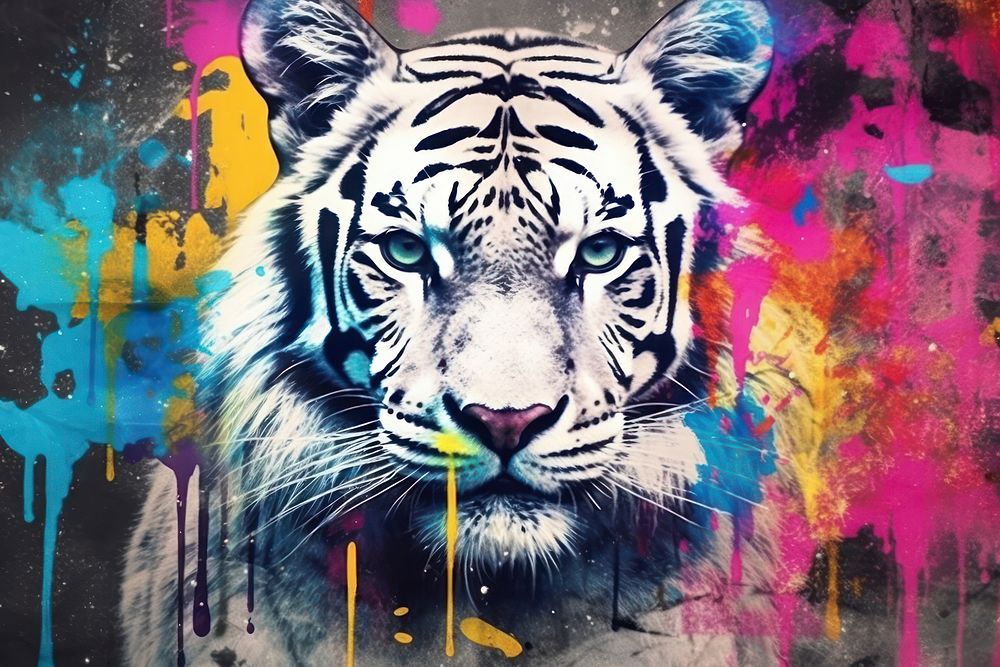 Abstract iridescent tiger ripped paper parallel glitch effect art wildlife painting.