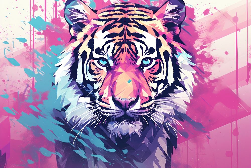 Abstract iridescent tiger ripped paper parallel glitch effect art wildlife animal.