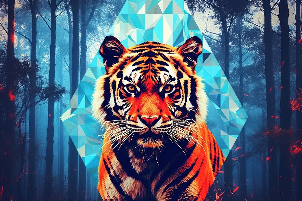Abstract iridescent tiger ripped paper parallel glitch effect wildlife animal mammal.
