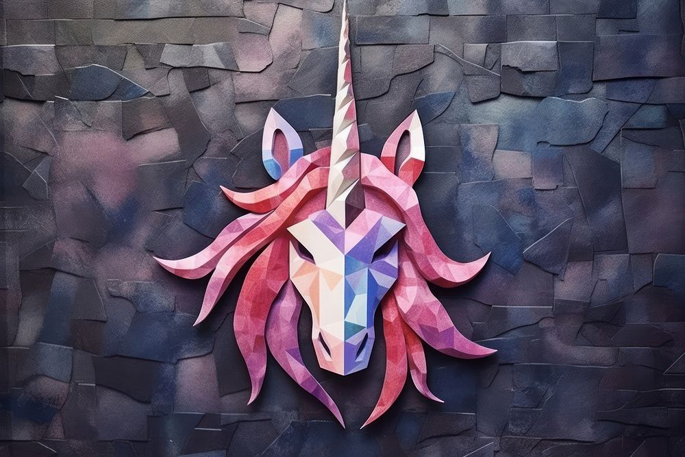 Abstract iridescent unicorn ripped paper marble effect art origami wall.