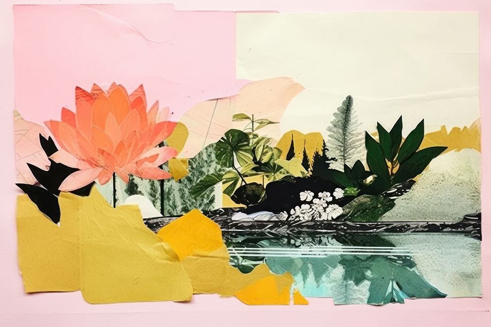 Abstract lake garden ripped paper art painting flower.