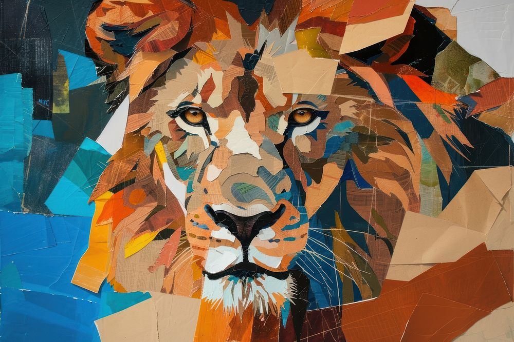 Abstract lion ripped paper art painting collage.