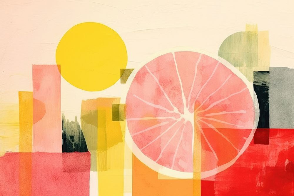 Abstract luminous fruit ripped paper parallel art grapefruit painting.
