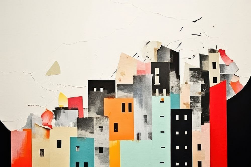 Abstract modern buildings ripped paper art collage architecture.
