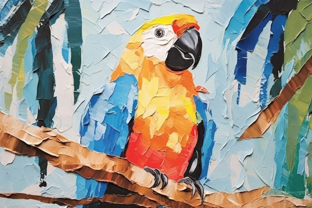 Abstract parrot ripped paper art painting animal.