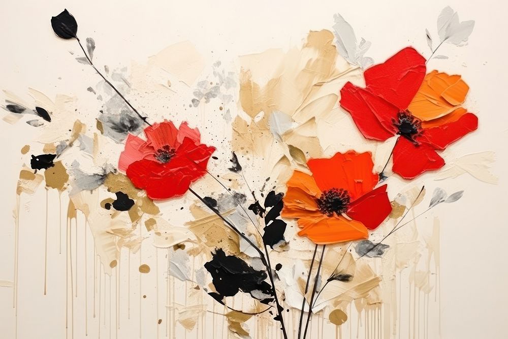 Abstract random flowers ripped paper art painting poppy.