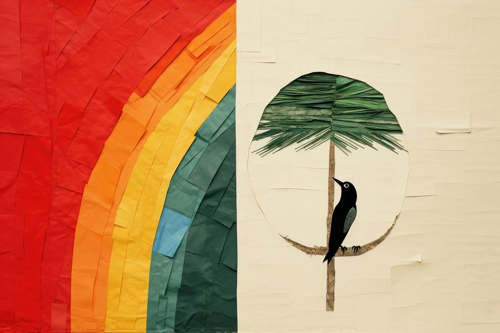 Abstract rainbow bird ripped paper art painting creativity.