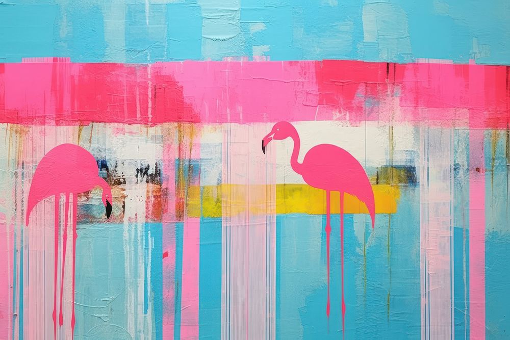 Abstract rainbow flamingo ripped paper art painting bird.