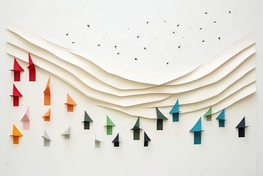 Abstract rainbow shooting star ripped paper art origami wall.