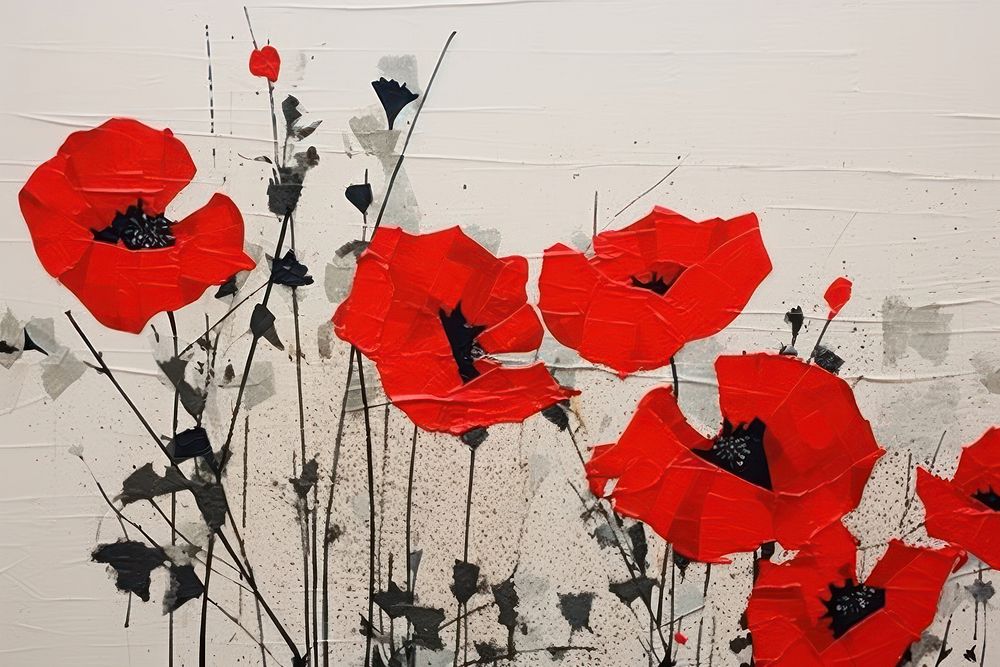 Abstract red flowers ripped paper poppy plant art.