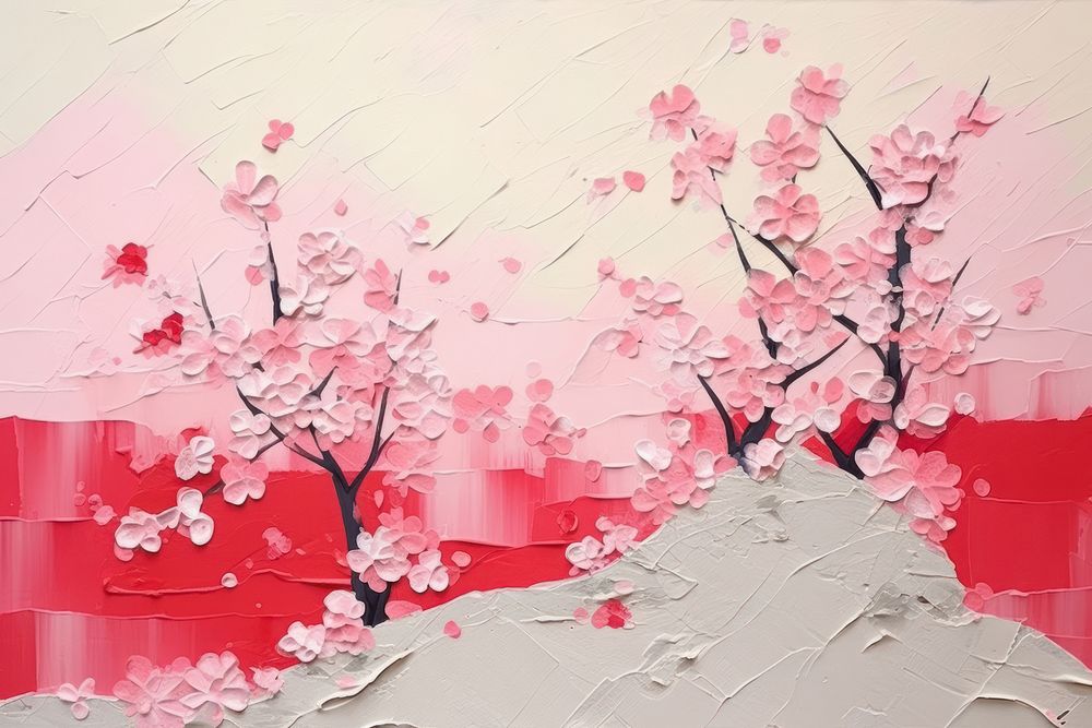 Abstract sakura meadow ripped paper art painting blossom.