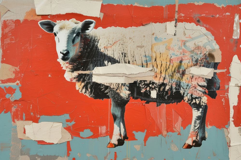 Abstract sheep ripped paper art livestock painting.