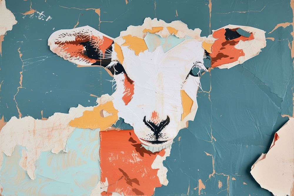 Abstract sheep ripped paper art livestock painting.