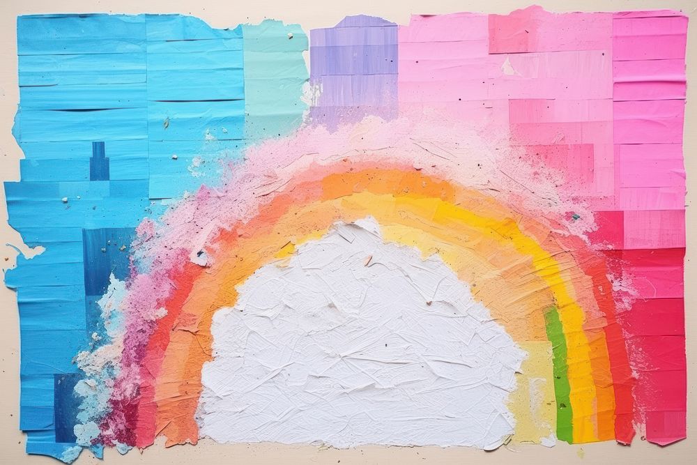 Abstract stunning rainbow on sky ripped paper art painting collage.