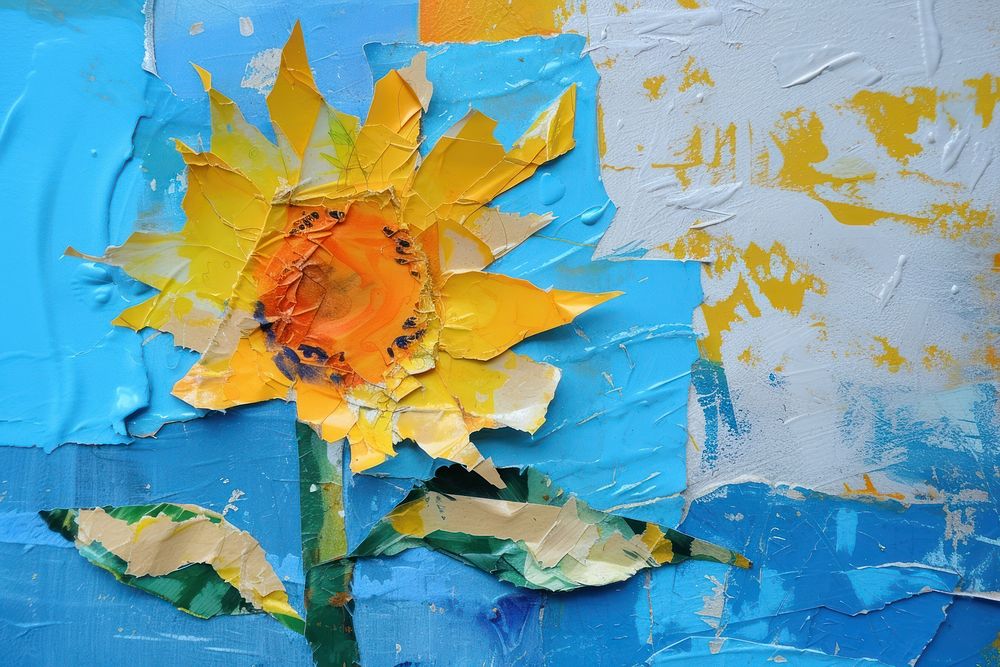 Abstract sunflower ripped paper art painting plant.