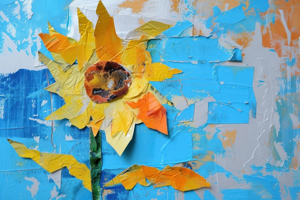 Abstract sunflower ripped paper art painting plant.