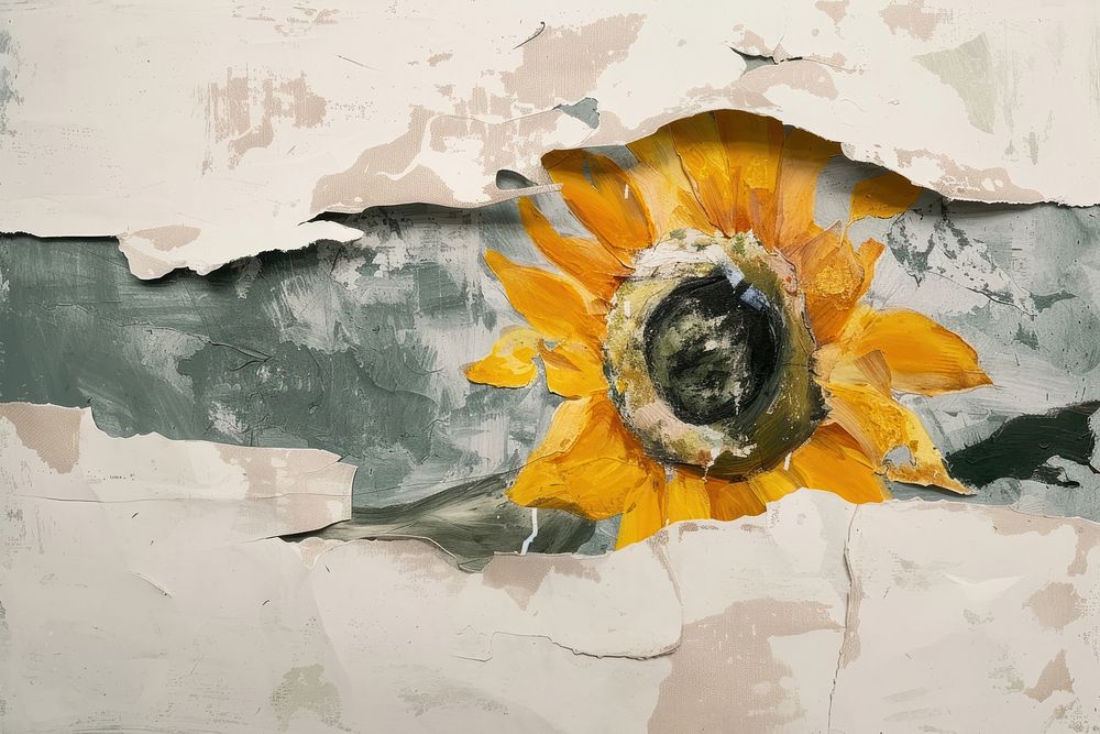 Abstract sunflower ripped paper art painting inflorescence.
