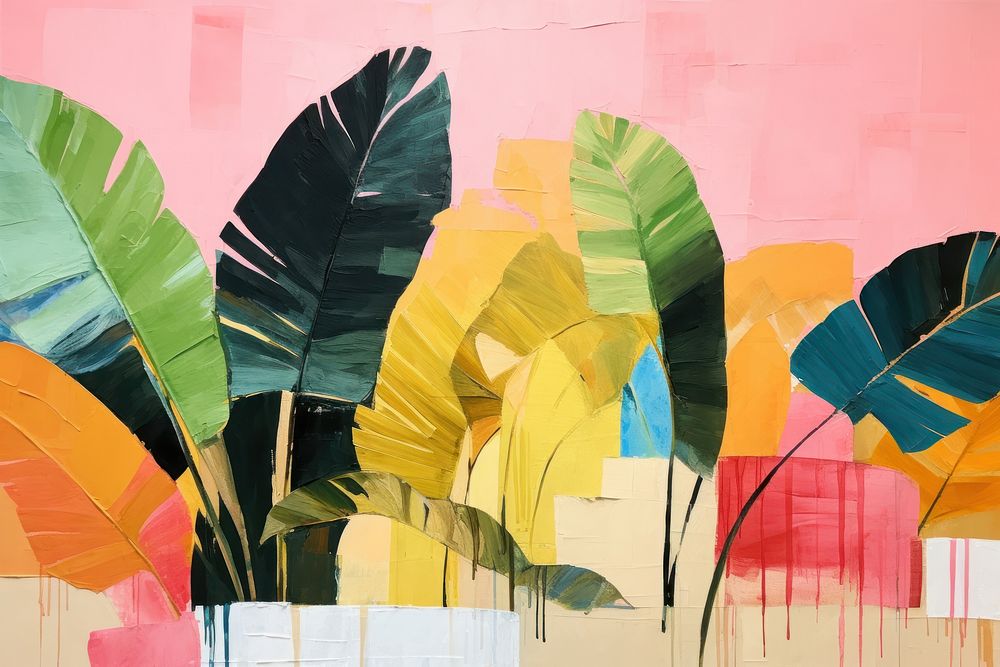 Abstracttropical jungle ripped paper art painting tropics.