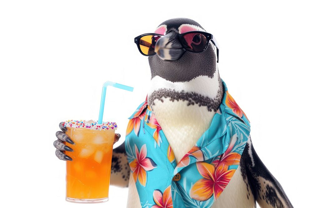 Hawaiian shirt animal drink penguin.