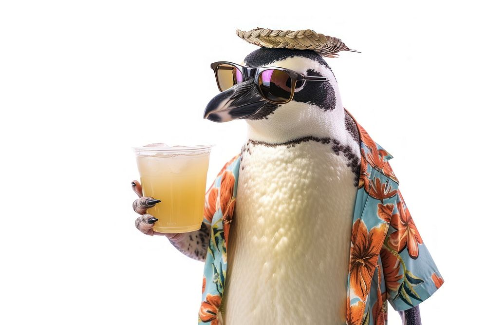 Hawaiian shirt penguin animal drink.