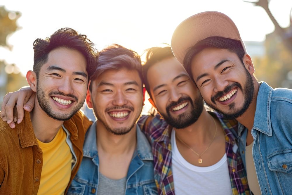 4 happy men laughing outdoors selfie.
