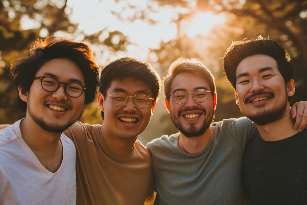 4 happy men laughing outdoors glasses.