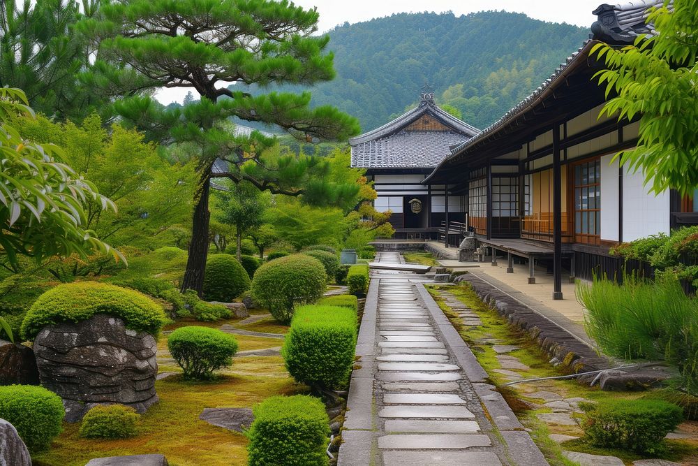 Temple japanese style garden architecture building outdoors.