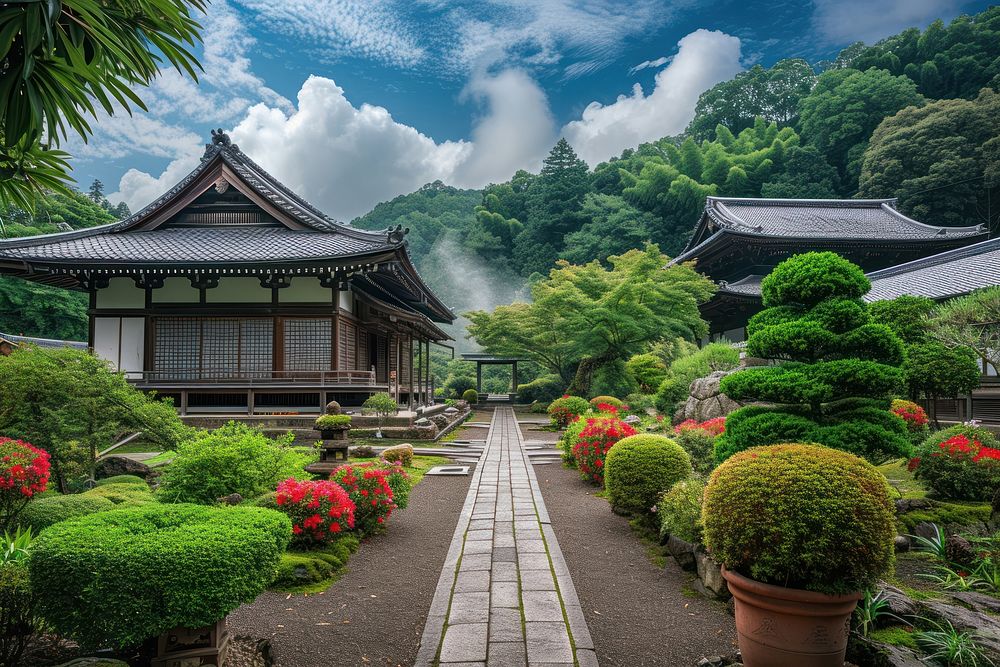 Temple japanese style garden architecture landscape building.
