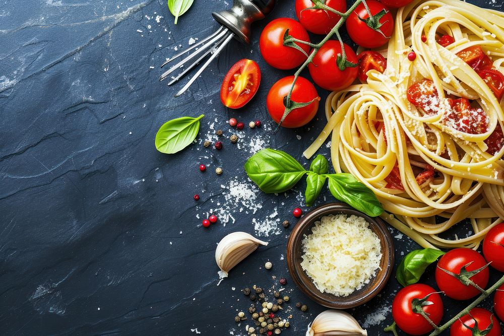 Tomato cheese pasta spaghetti food ingredient.