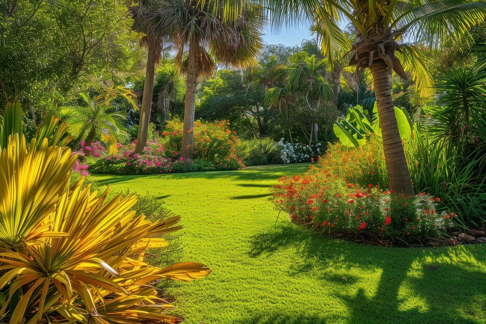 Tropical garden vegetation outdoors backyard.