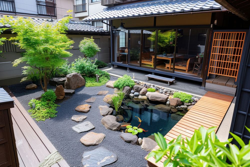 Traditional japanese style garden architecture backyard outdoors.