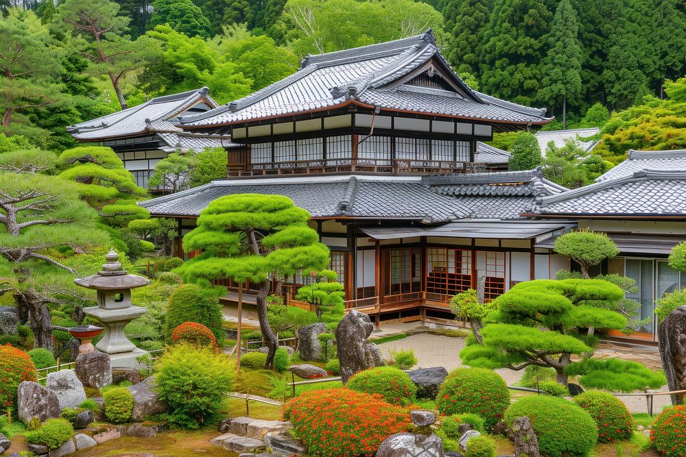Traditional japanese style garden architecture building outdoors.