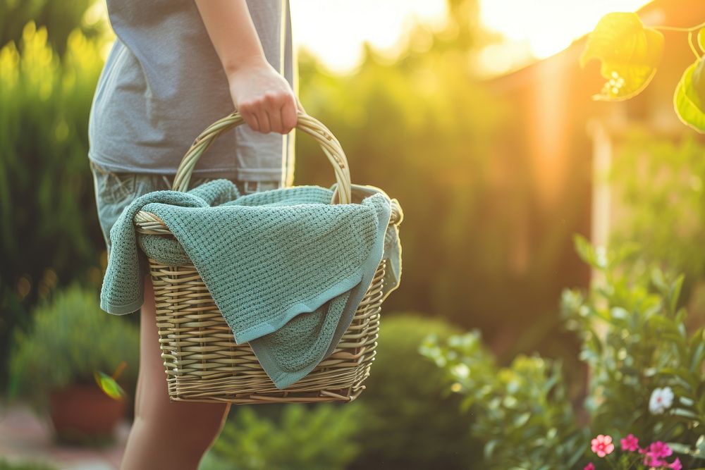 Woman holding laundry basket handbag accessories recreation.