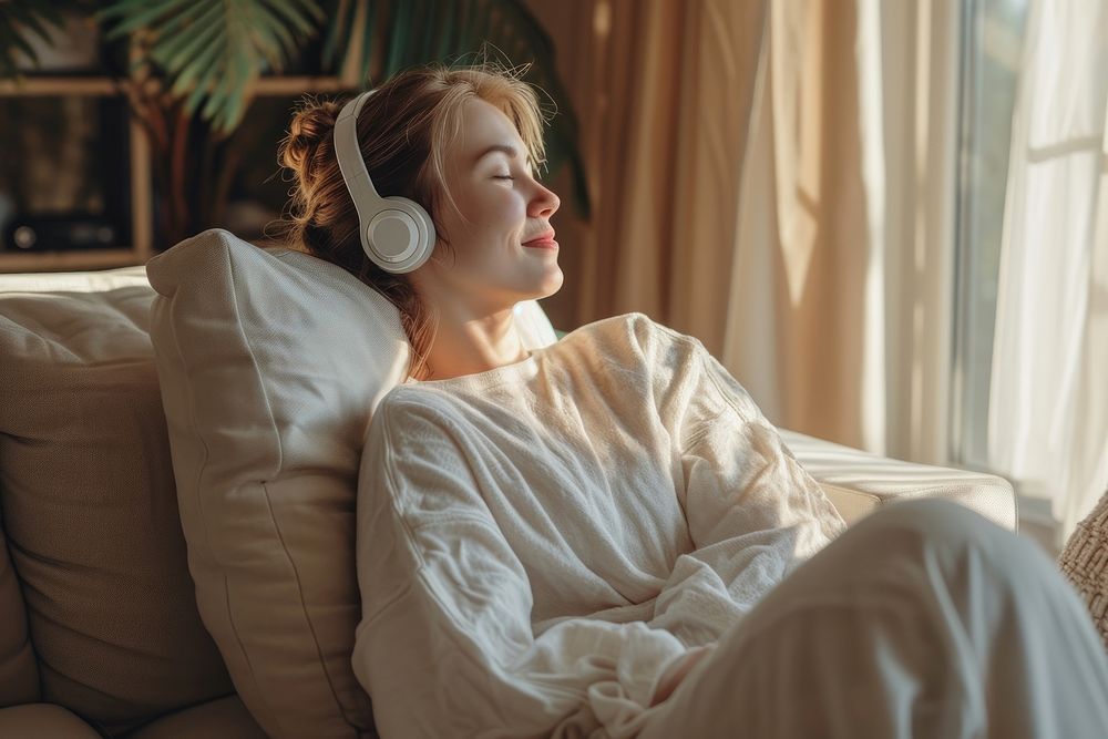 Woman listen a music headphones adult happy.