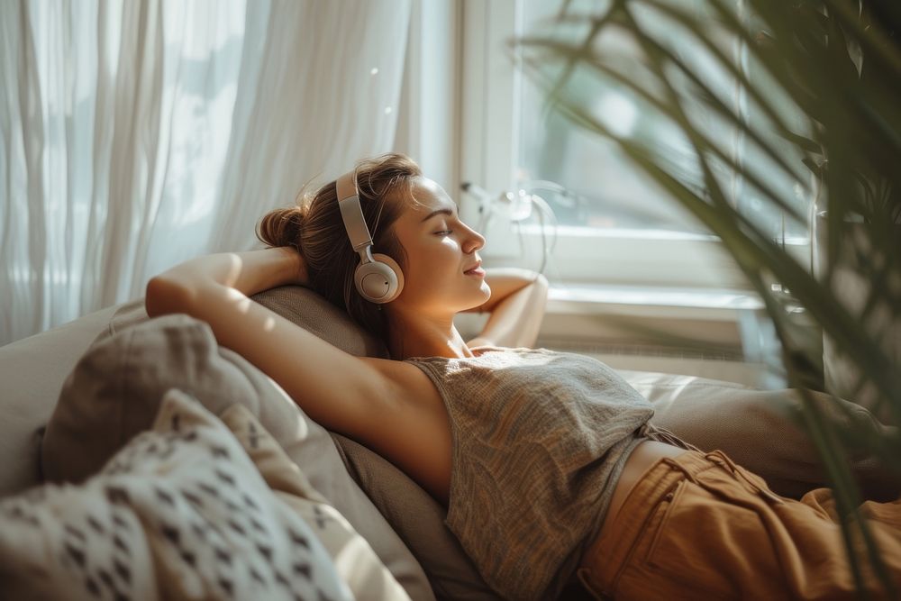 Woman listen a music headphones adult sofa.