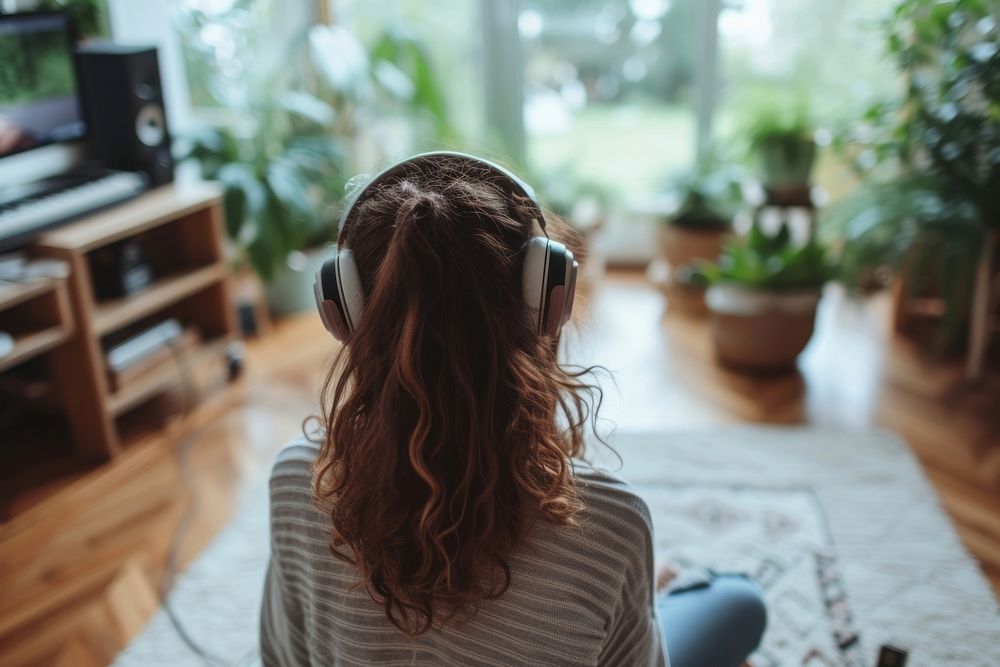 Photo of Woman listening to music at home headphones adult woman.