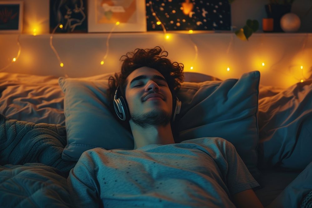 Young man headphones bed furniture.