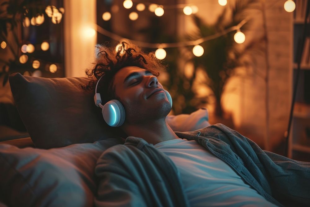 Young man headphones music light.