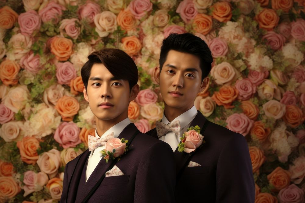 Taiwanese gay wedding portrait tuxedo flower.