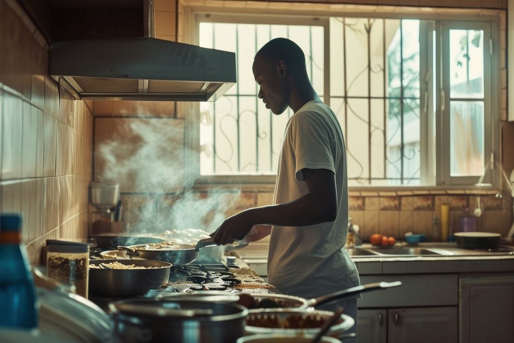 A aAfrican man cooking kitchen home food.